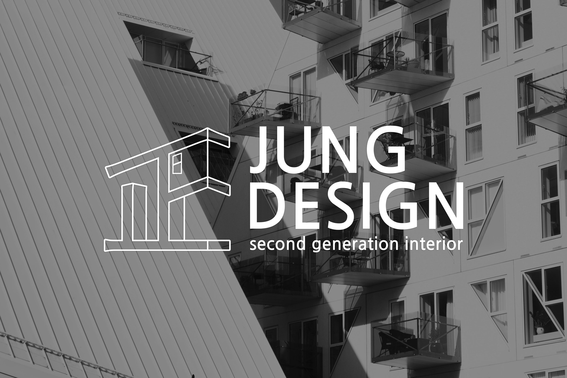 Jung Design 브랜드 비주얼 — 흑백 건축물 사진 위에 라인 드로잉 로고와 second generation interior 슬로건